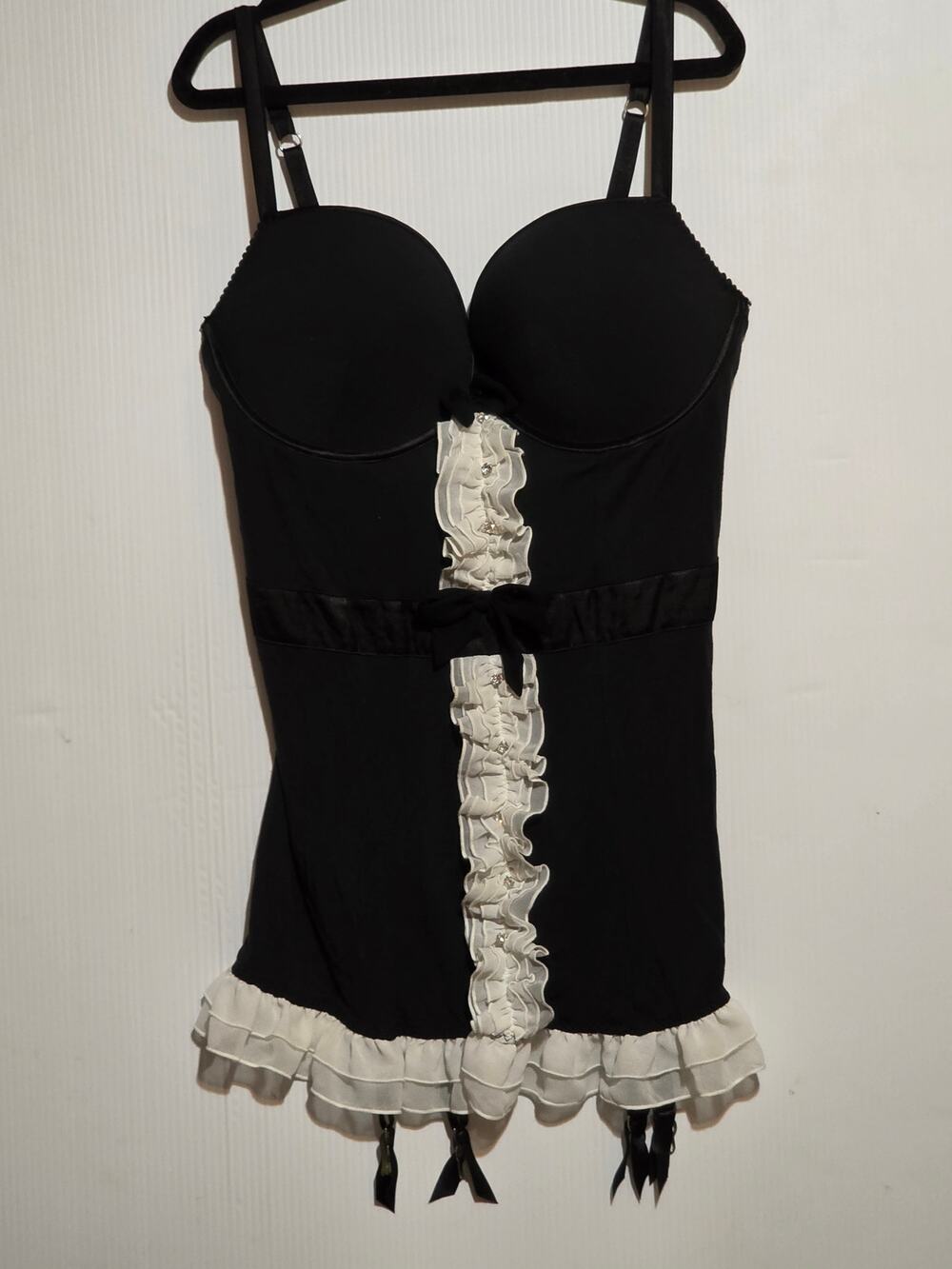 VTG Victoria’s Secret French Maid Corset Bustier Babydoll Garter Top 36D Black